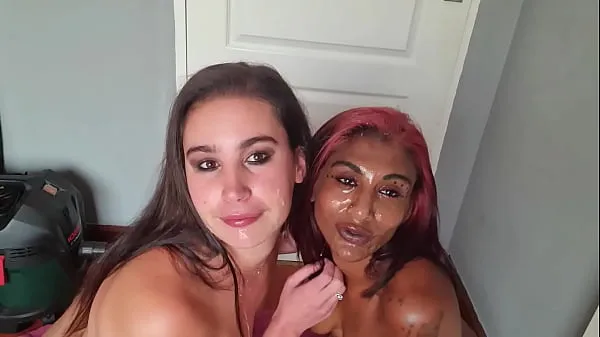 Mixed race LESBIANS covering up each others faces with SALIVA as well as sharing sloppy tongue kisses